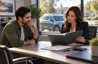 An insurance agent shows policy documents to a male client sitting across a desk in an office with a car parked outside