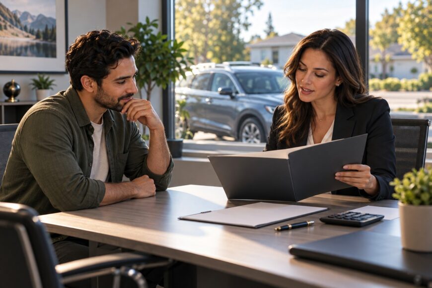 An insurance agent shows policy documents to a male client sitting across a desk in an office with a car parked outside