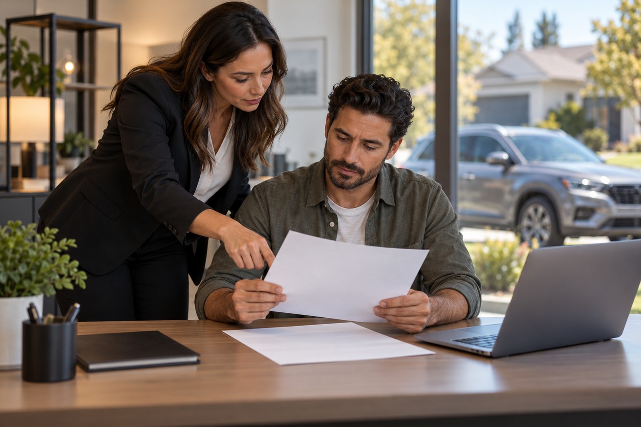 An insurance agent pointing at a car insurance document while reviewing policy details with a client at a wooden desk