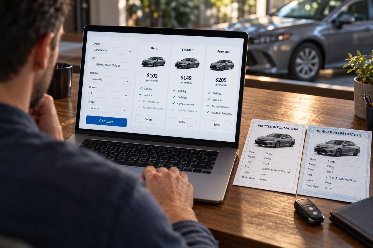 Man comparing car insurance plans and pricing options on a laptop screen with vehicle documents on the desk