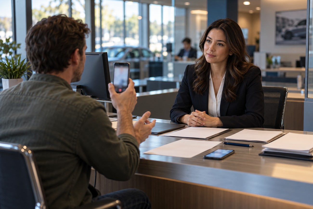 A man showing his smartphone to a female insurance agent across a desk in a modern office