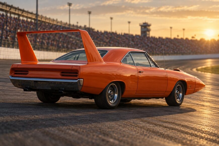 Bright orange Plymouth Superbird with its massive rear wing parked on a banked racetrack at sunset