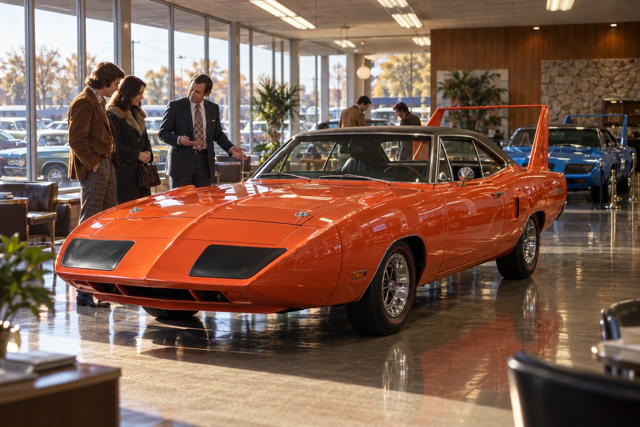 A vintage orange Plymouth Superbird with a giant rear wing stands on a glossy showroom floor while customers and a salesman look at it