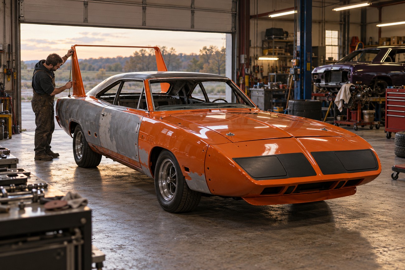 Mechanic adjusting the giant rear wing of a classic orange Plymouth Superbird undergoing restoration inside a busy garage