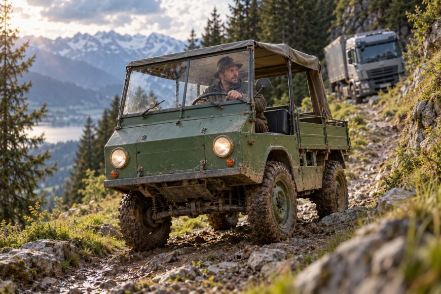 A man driving a vintage green Puch Haflinger off-road vehicle along a rocky mountain trail with snowy peaks in the background