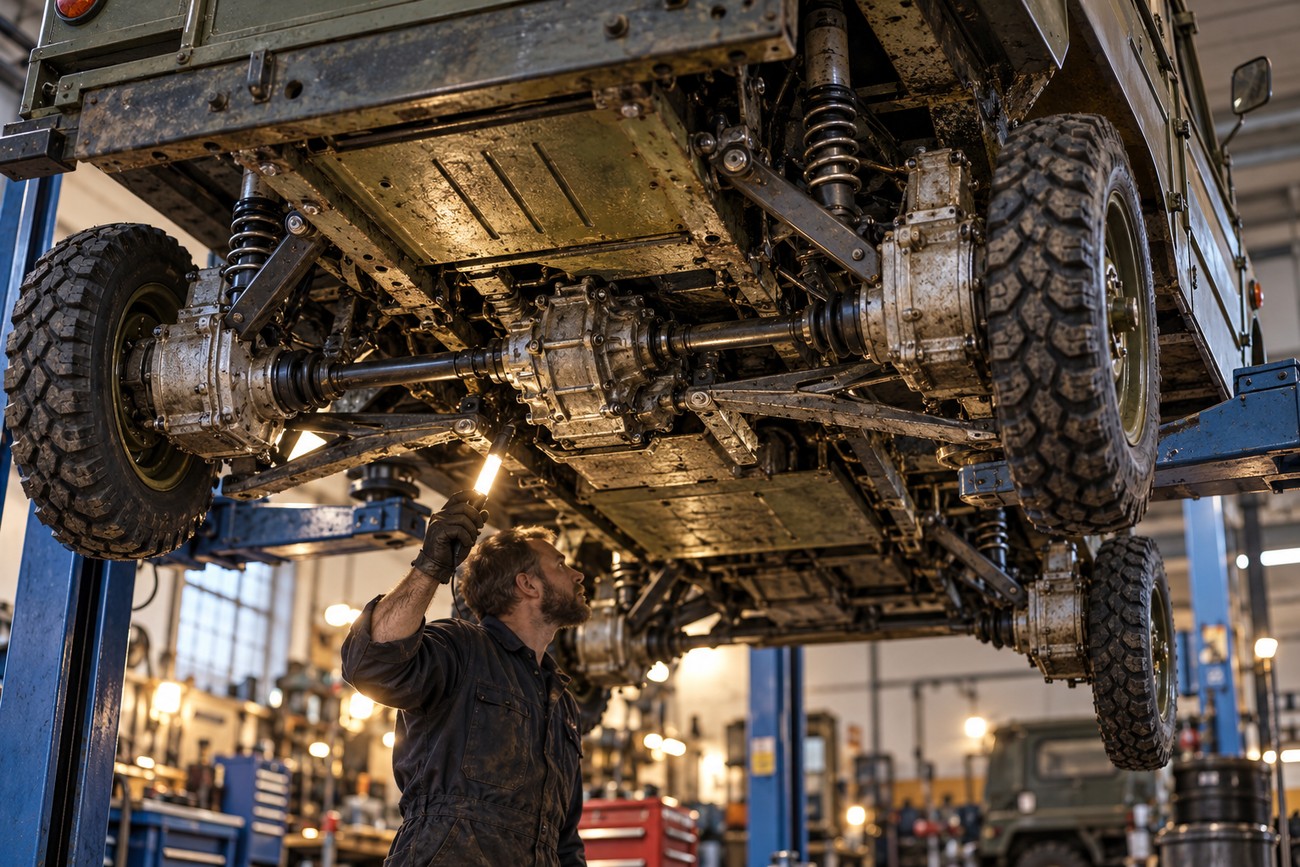 A mechanic with a flashlight inspects the intricate portal axle suspension and undercarriage of a Puch Haflinger raised on a hydraulic lift in a repair shop