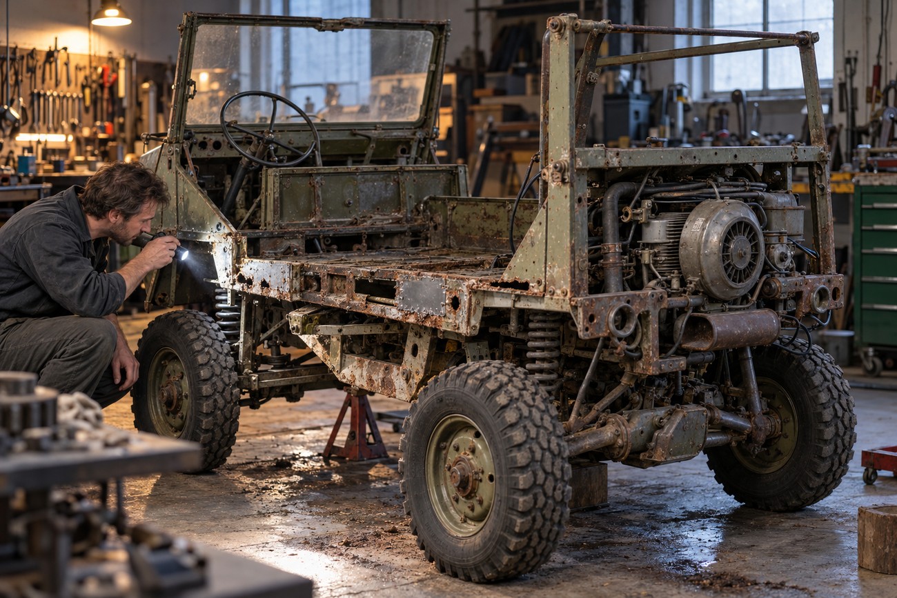 A mechanic uses a flashlight to inspect the rusty chassis and rear engine of a Puch Haflinger in a repair shop
