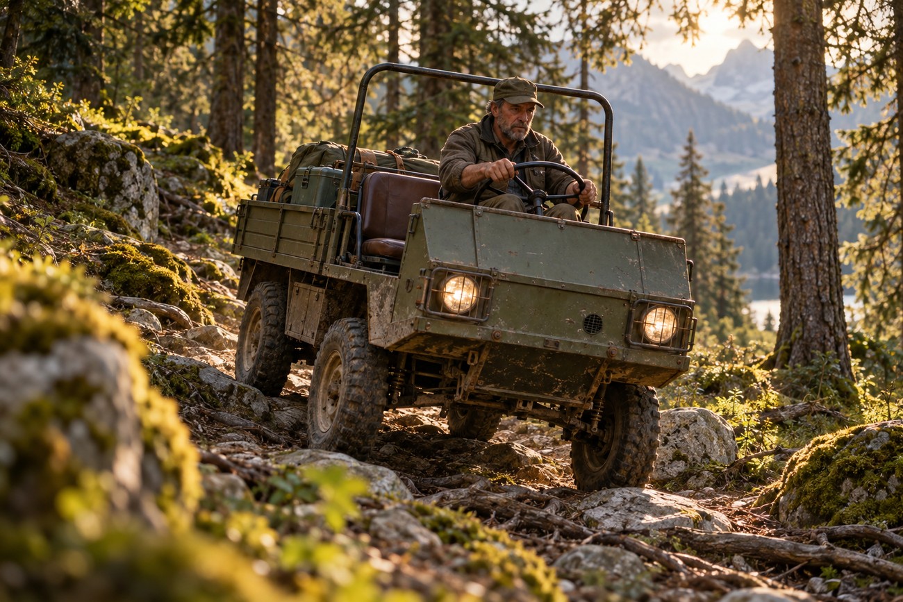 An older man driving a vintage green Puch Haflinger off-road vehicle along a rocky mountain trail in the Alps