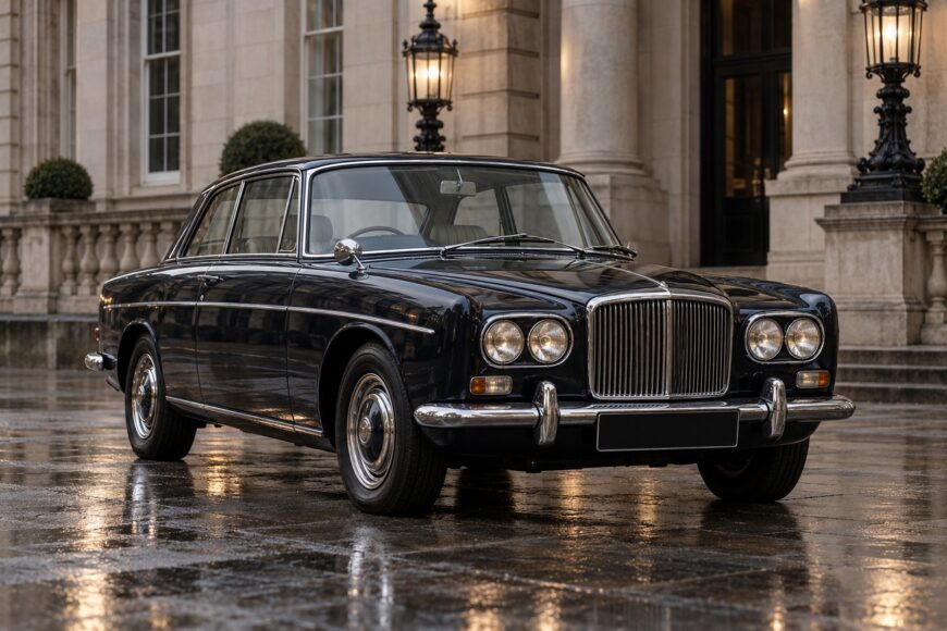 A classic dark blue Rover P5B Coupe parked on a wet stone pavement in front of a classical building with ornate street lamps