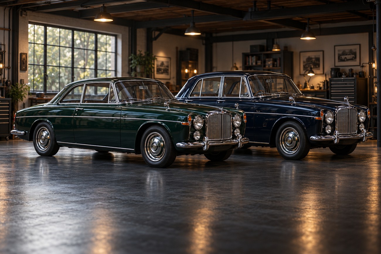 A classic British green Rover P5B Coupe and a dark blue sedan parked on a polished concrete floor inside a vintage industrial garage