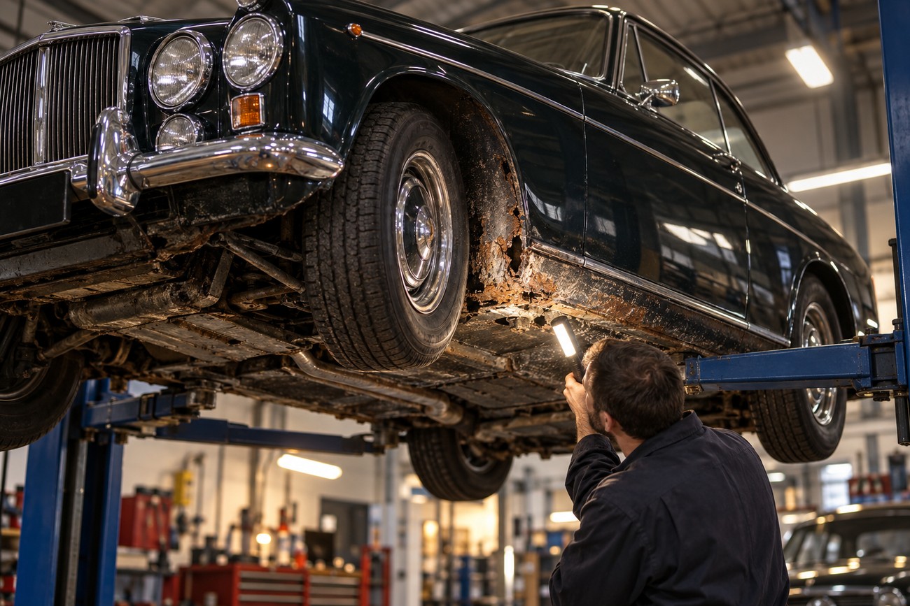 A mechanic inspecting the rusted undercarriage and wheel arch of a classic Rover P5B Coupe on a car lift