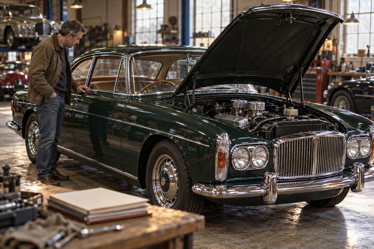 A man in a brown jacket inspecting a classic dark green Rover P5B Coupe with open hood inside a vintage repair workshop