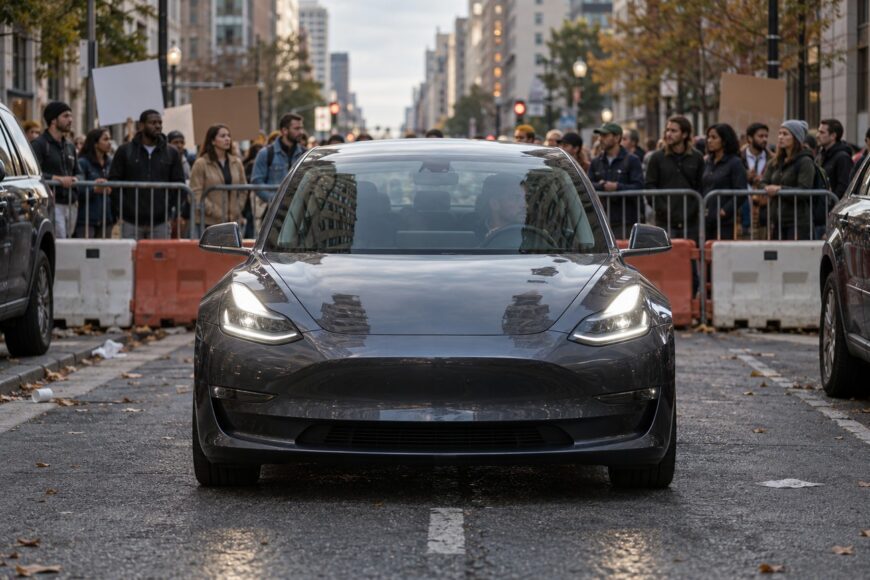 A dark gray Tesla stopped on a city street in front of metal barricades and a crowd of protesters