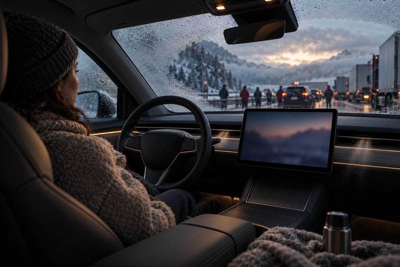 Driver sitting inside a Tesla electric car stuck in a highway traffic blockade during winter
