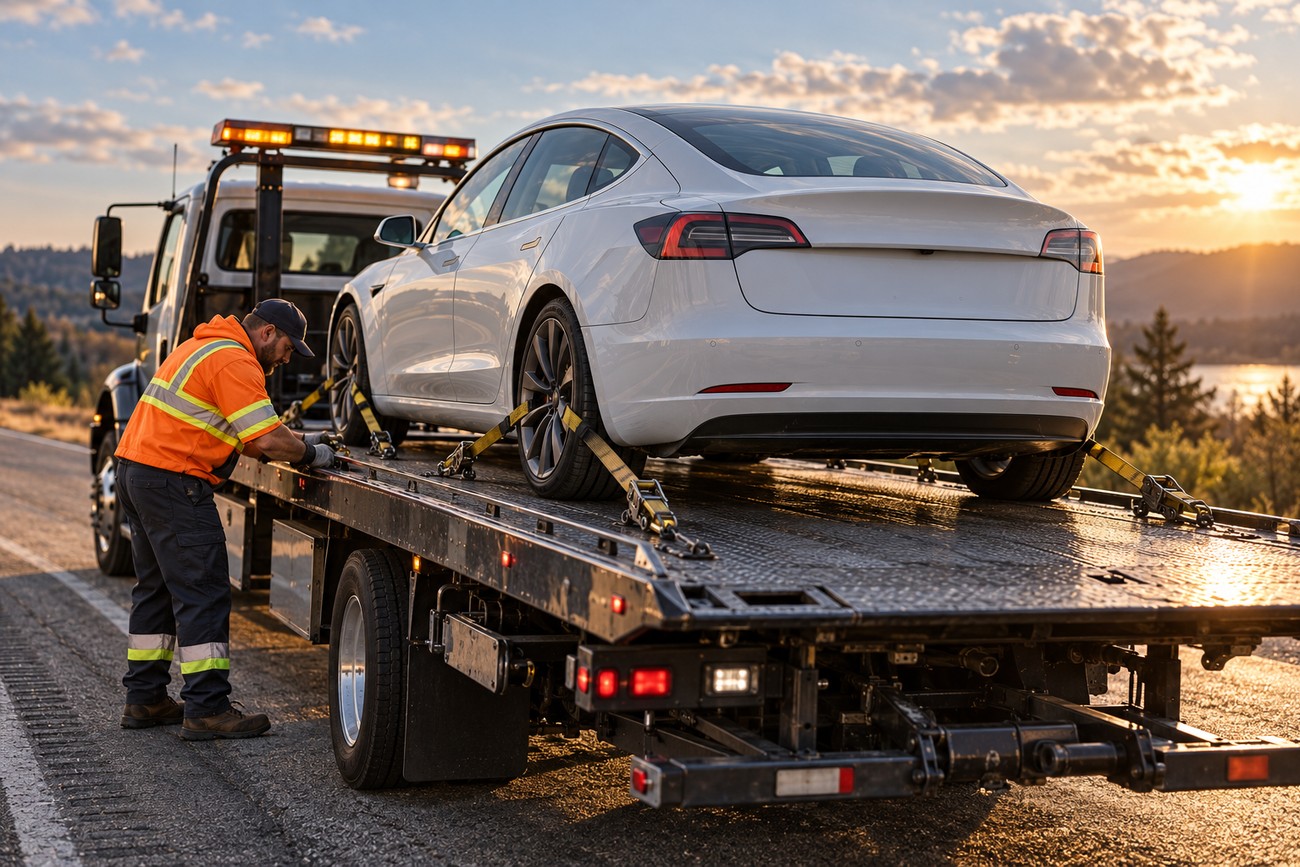 A tow truck worker in a high-visibility vest secures a white Tesla electric vehicle on a flatbed tow truck on the road at sunset