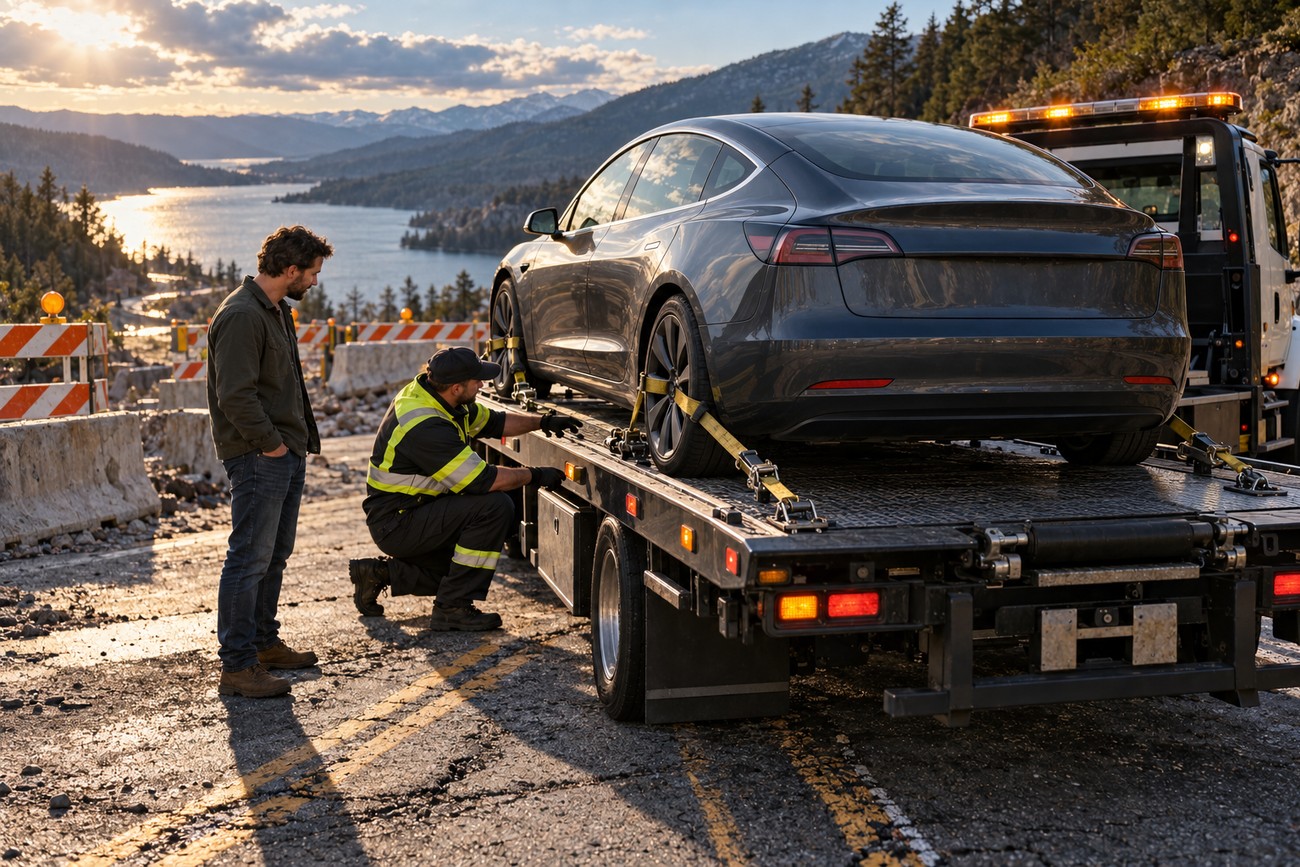 A dark Tesla electric car secured on a flatbed tow truck with straps while the owner and driver stand on a blocked mountain road at sunset