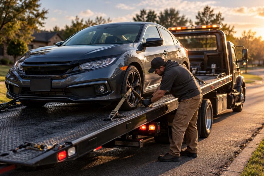 A tow truck driver secures the wheel of a dark gray Honda Civic onto a flatbed trailer