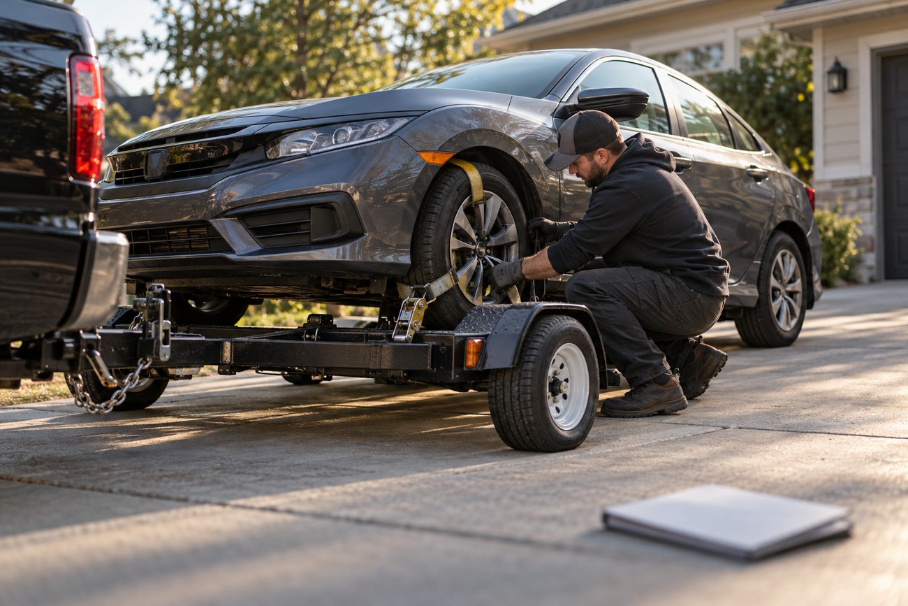 A man in a cap securing a gray Honda Civic tire with a yellow strap on a tow dolly attached to a truck