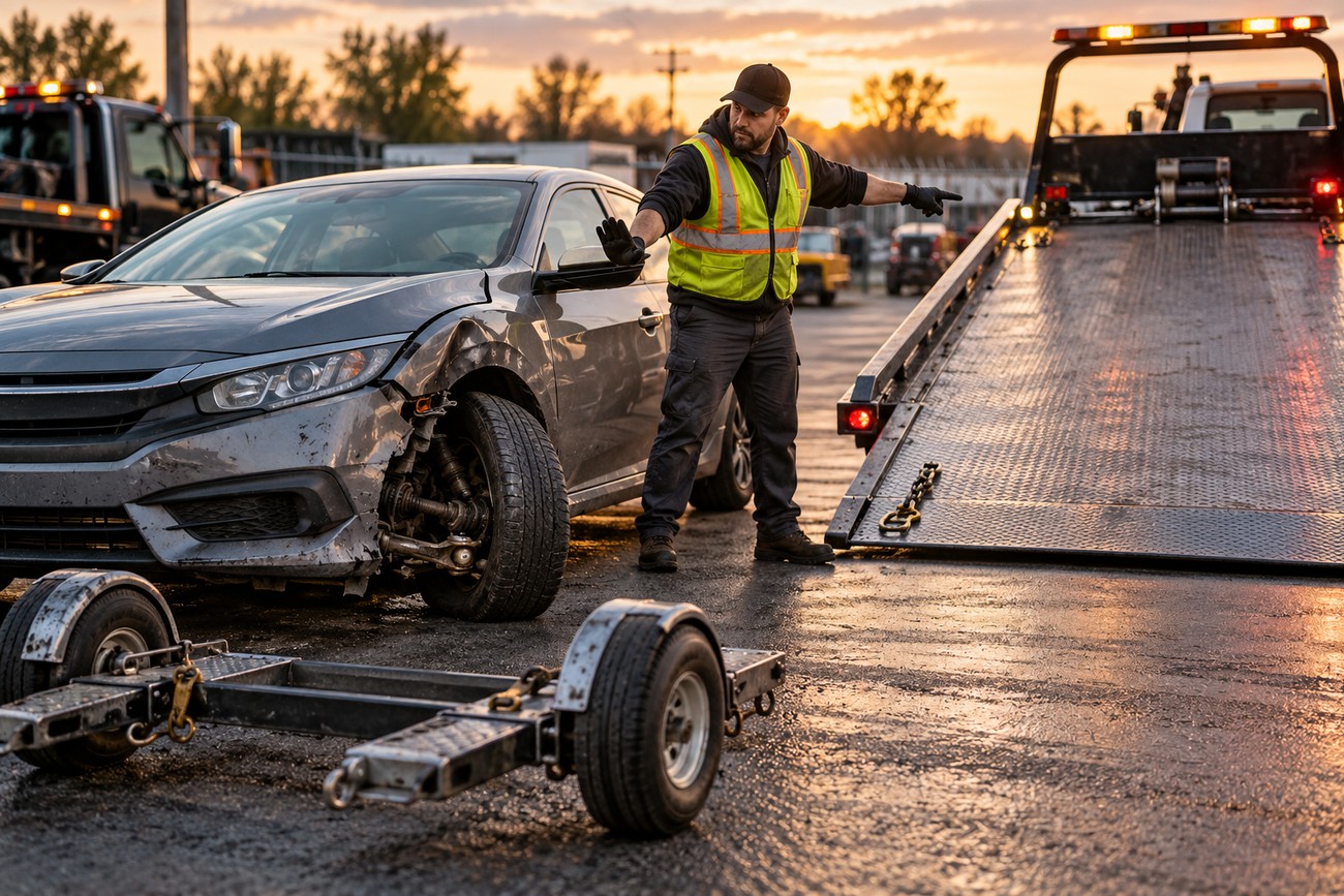 A tow truck driver in a reflective vest guiding the towing of a damaged gray Honda Civic