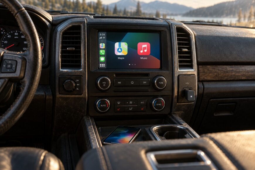 A wireless CarPlay adapter plugged into the USB port of an older car dashboard showing navigation and music apps on the central touchscreen