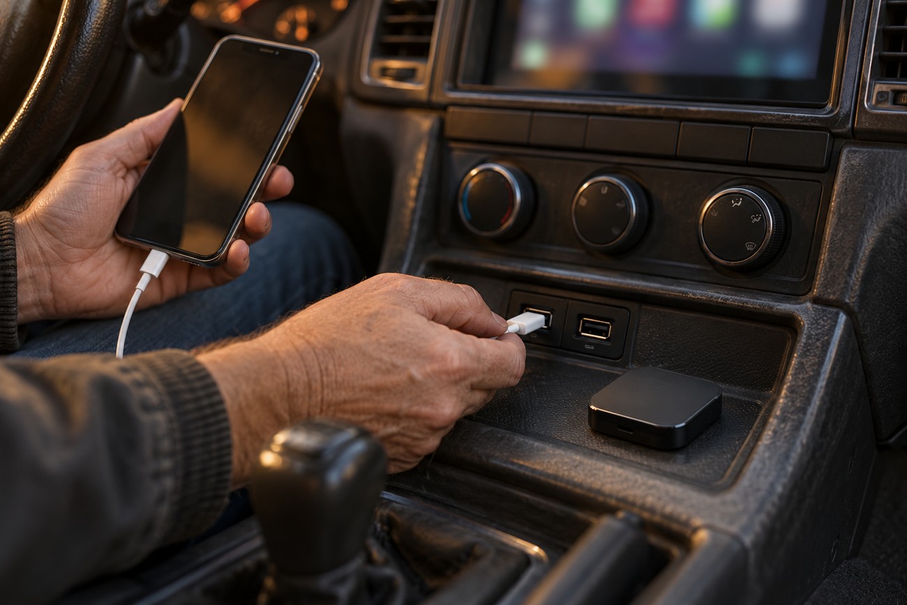 Driver plugging a USB cable into the car dashboard near a wireless CarPlay adapter