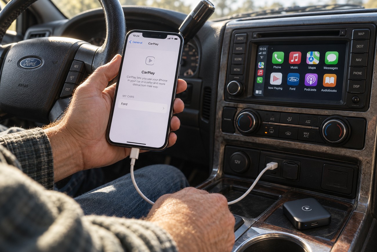 A person holding an iPhone displaying CarPlay settings inside an older car with a wireless adapter plugged into the console