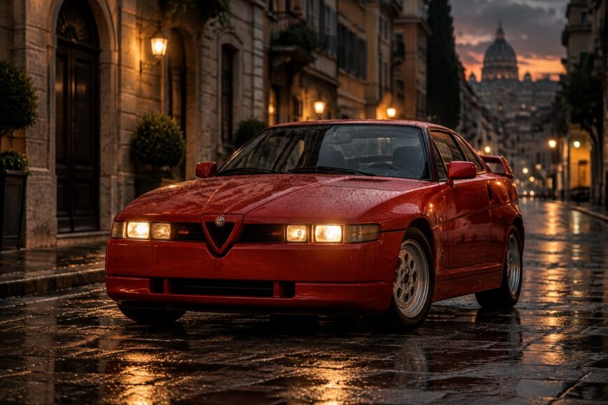 Red Alfa Romeo SZ sports car parked on a wet cobblestone street at dusk