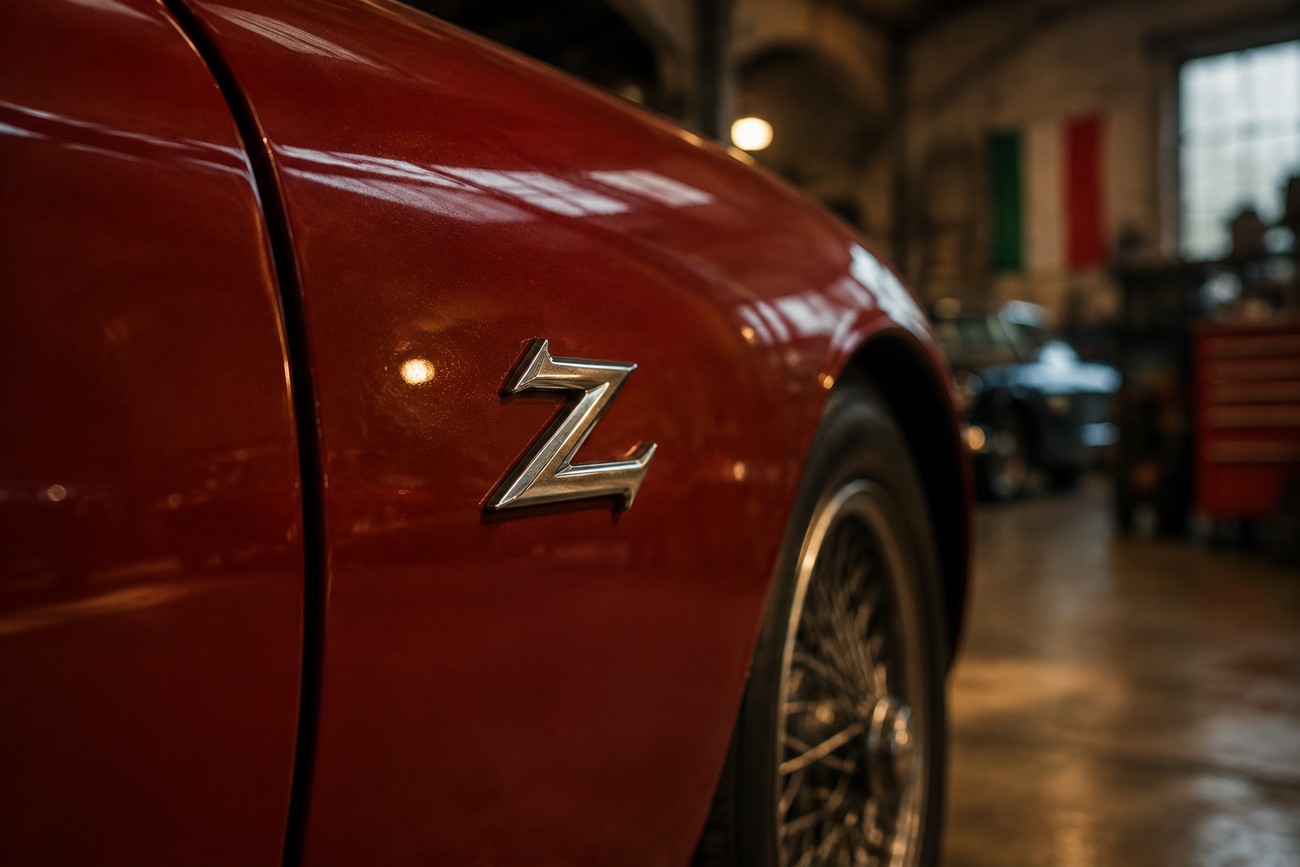 Close up of the chrome Zagato Z badge on the red body panel of an Alfa Romeo SZ parked inside a garage
