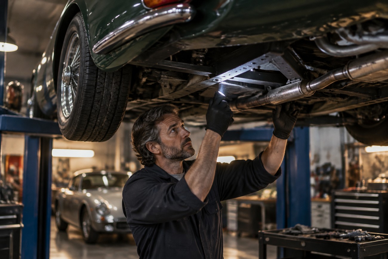 Mechanic wearing black gloves inspects the undercarriage of a classic Alfa Romeo SZ with a flashlight in a garage