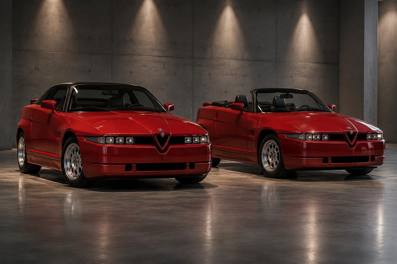 Red Alfa Romeo SZ coupe and red RZ roadster parked in a concrete showroom under spotlights