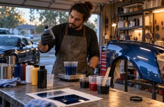 A man wearing an apron and gloves holds a small bottle of automotive paint while mixing colors on a digital scale in his garage workshop
