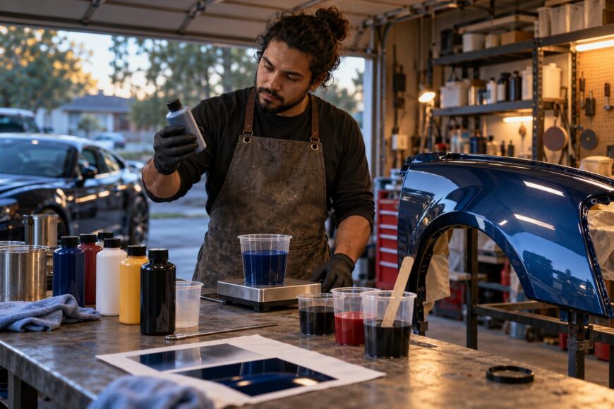 A man wearing an apron and gloves holds a small bottle of automotive paint while mixing colors on a digital scale in his garage workshop