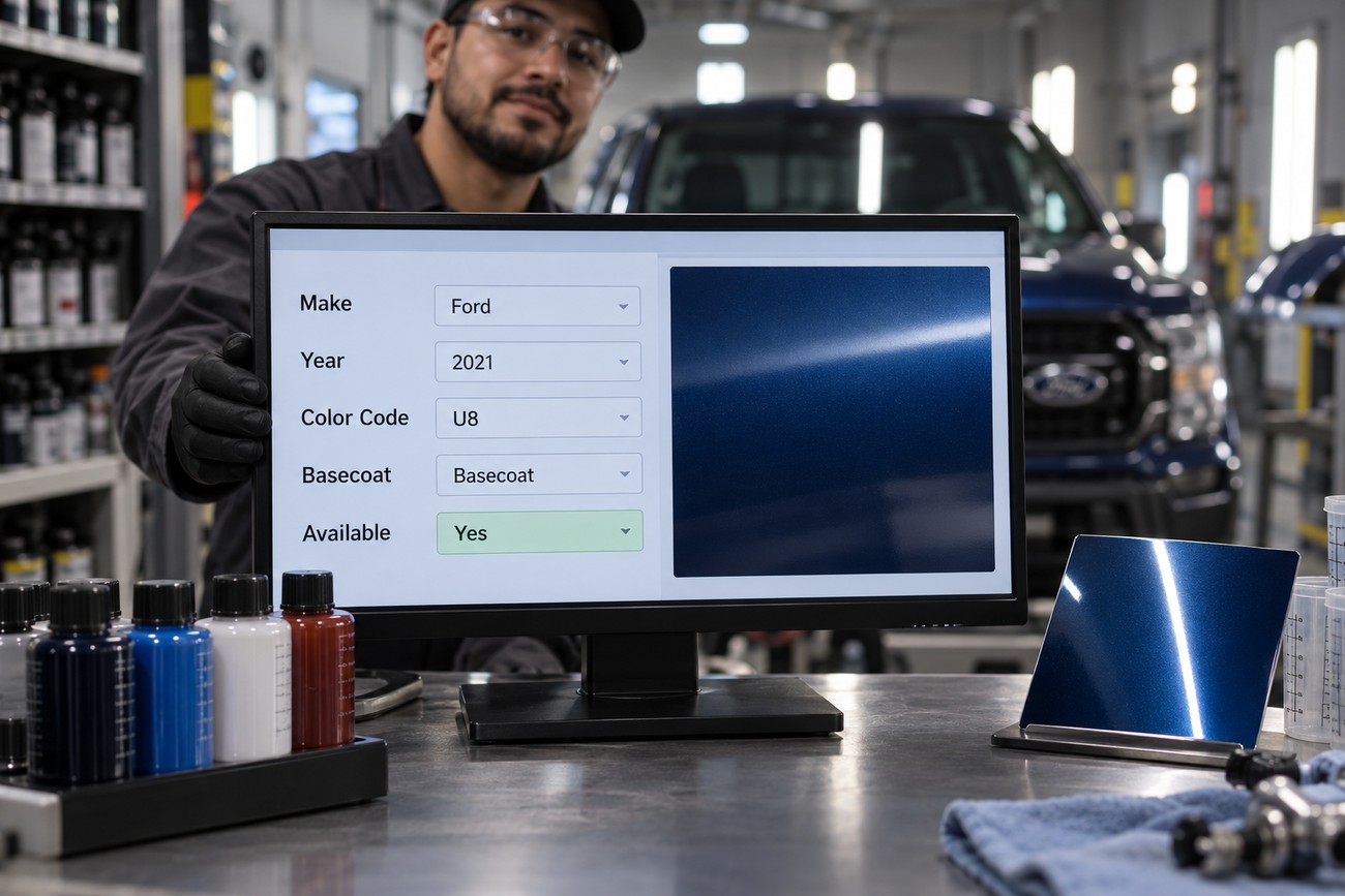 Car painter holding a monitor displaying automotive paint mixing software with color code details next to paint bottles