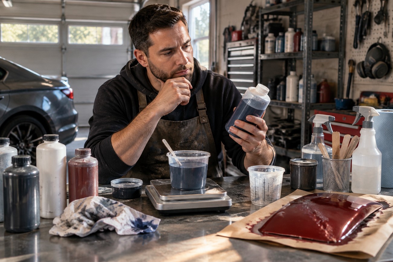A man in a garage holding a bottle of automotive paint next to mixing cups and a scale