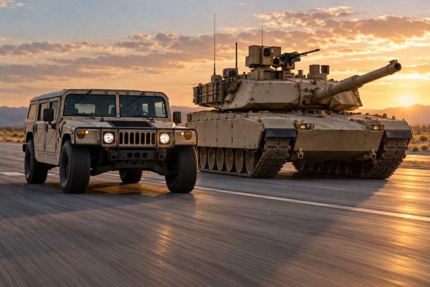A beige Hummer H1 driving alongside a tracked military tank on a paved desert road during sunset