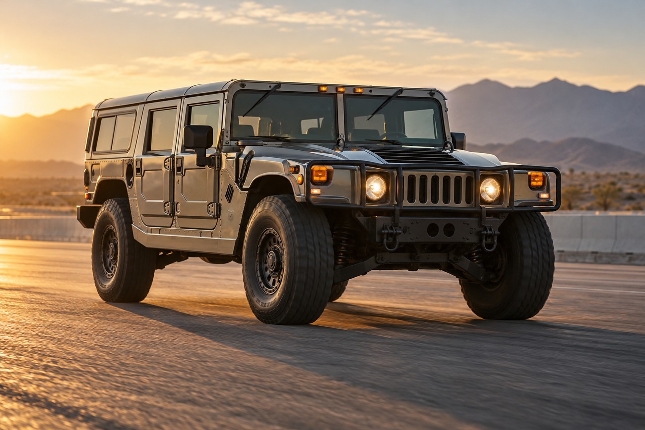 A green Hummer H1 driving on a desert highway with headlights on during a golden sunset