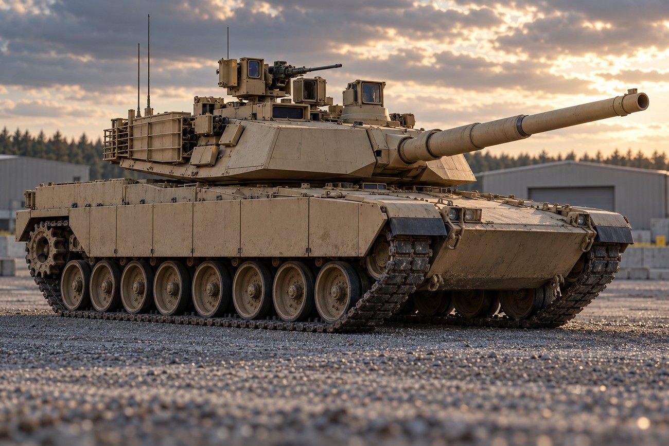 A modern military battle tank with a long main gun parked on a gravel lot under a cloudy sunset sky