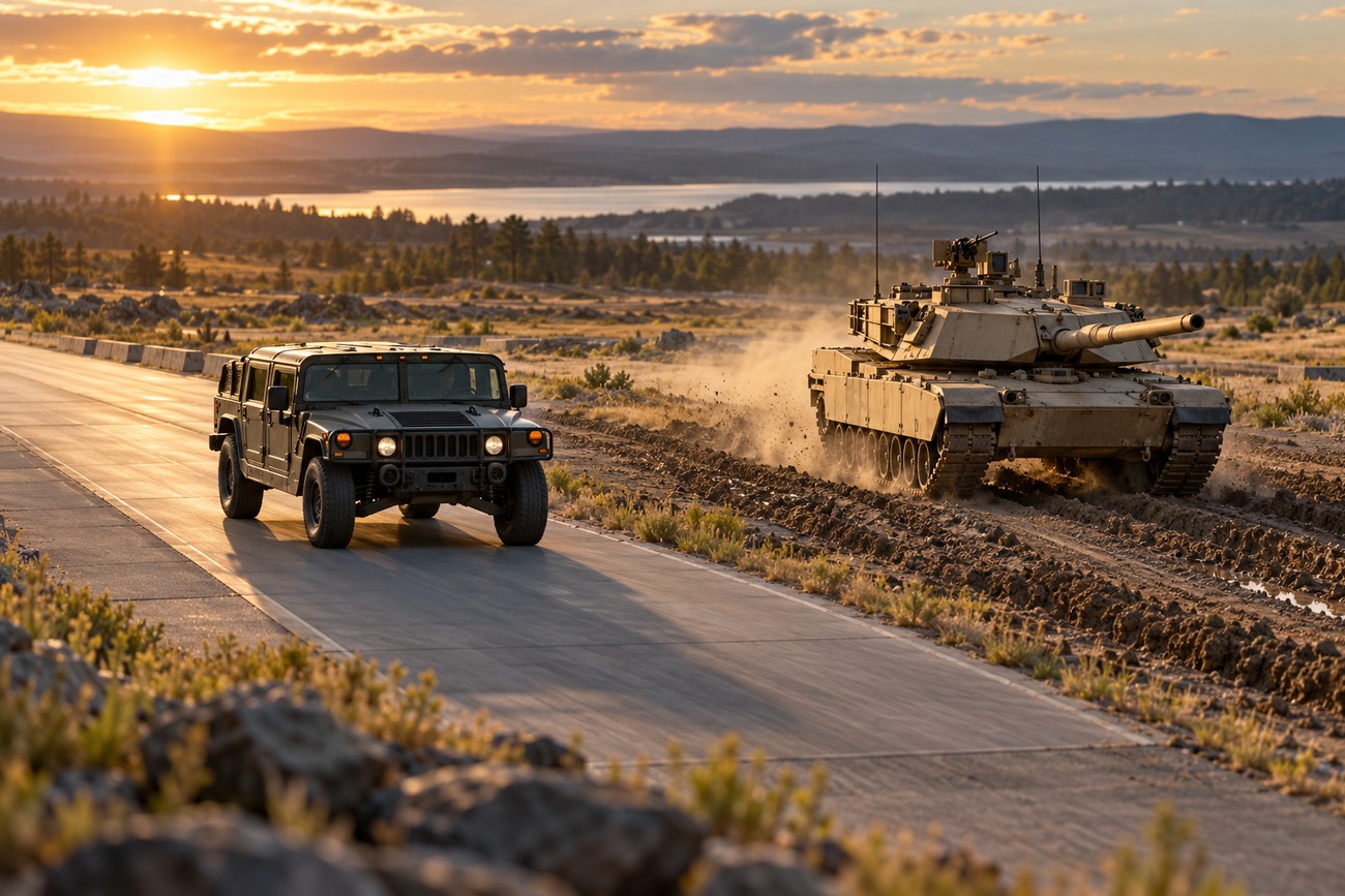 A Hummer H1 driving on a concrete road next to a military tank kicking up dust during a scenic sunset