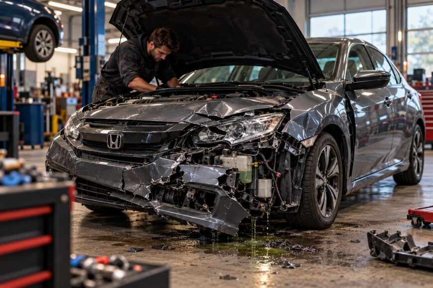 Mechanic inspecting a heavily damaged gray Honda Civic with a broken front bumper and leaking fluids in an auto repair shop