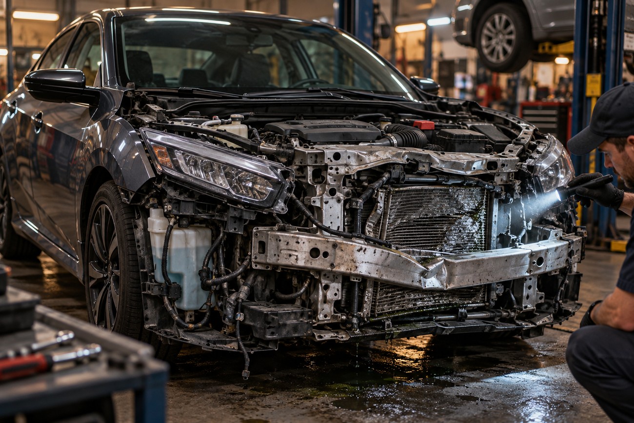 A mechanic inspecting severe front end damage on a gray Honda Civic in a repair shop
