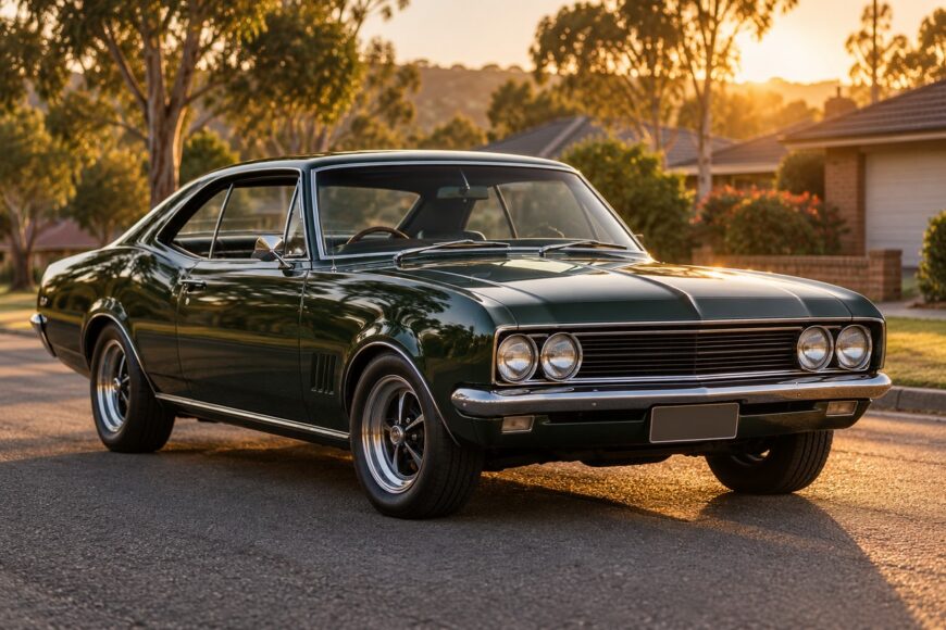 Classic dark green Holden Monaro HK coupe parked on a suburban street during golden hour sunset