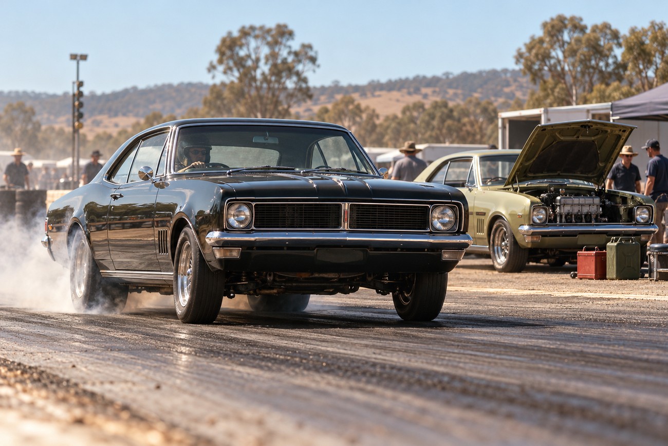 A black Holden Monaro HK muscle car spinning its tires and generating smoke on a drag racing strip
