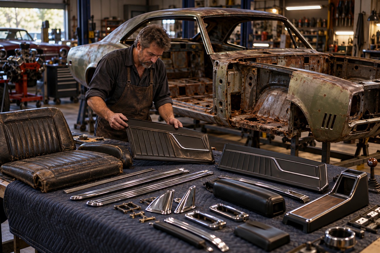 A mechanic in a workshop examines restored interior panels and parts of a classic Holden Monaro HK muscle car