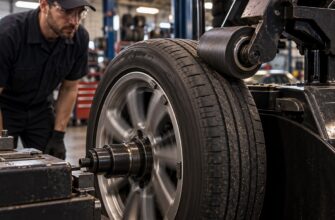 Mechanic observing a spinning car tire undergoing road force balancing on a diagnostic machine in an auto repair shop