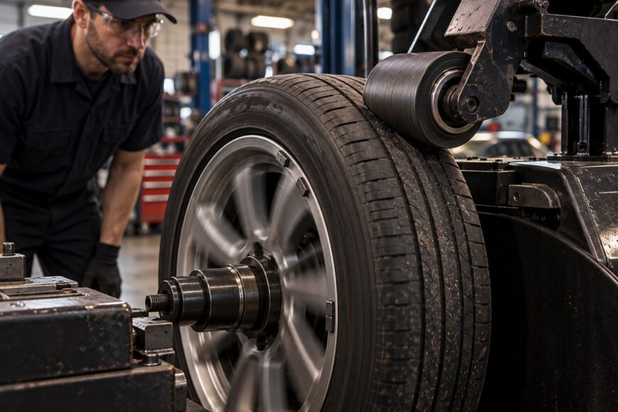 Mechanic observing a spinning car tire undergoing road force balancing on a diagnostic machine in an auto repair shop