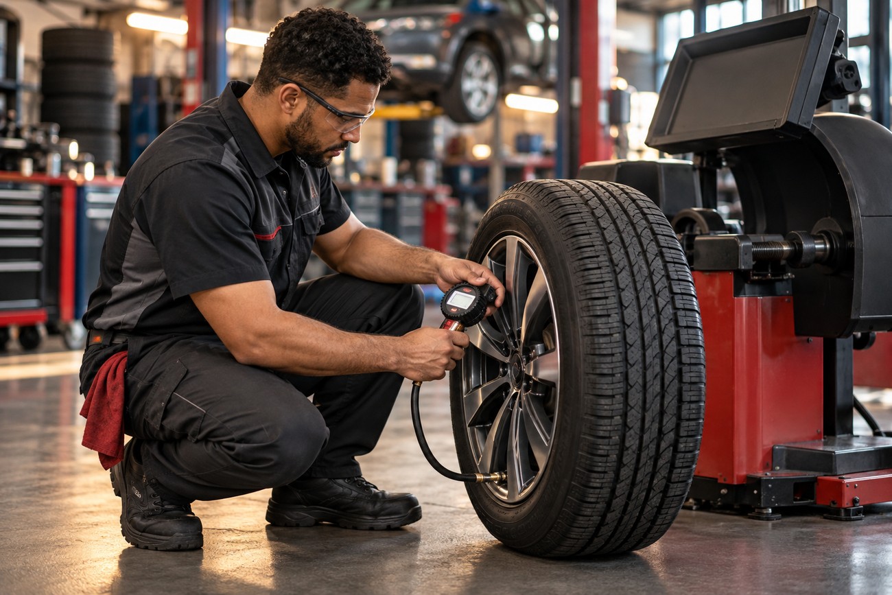 A mechanic in safety glasses checks tire pressure with a digital gauge next to a wheel balancing machine