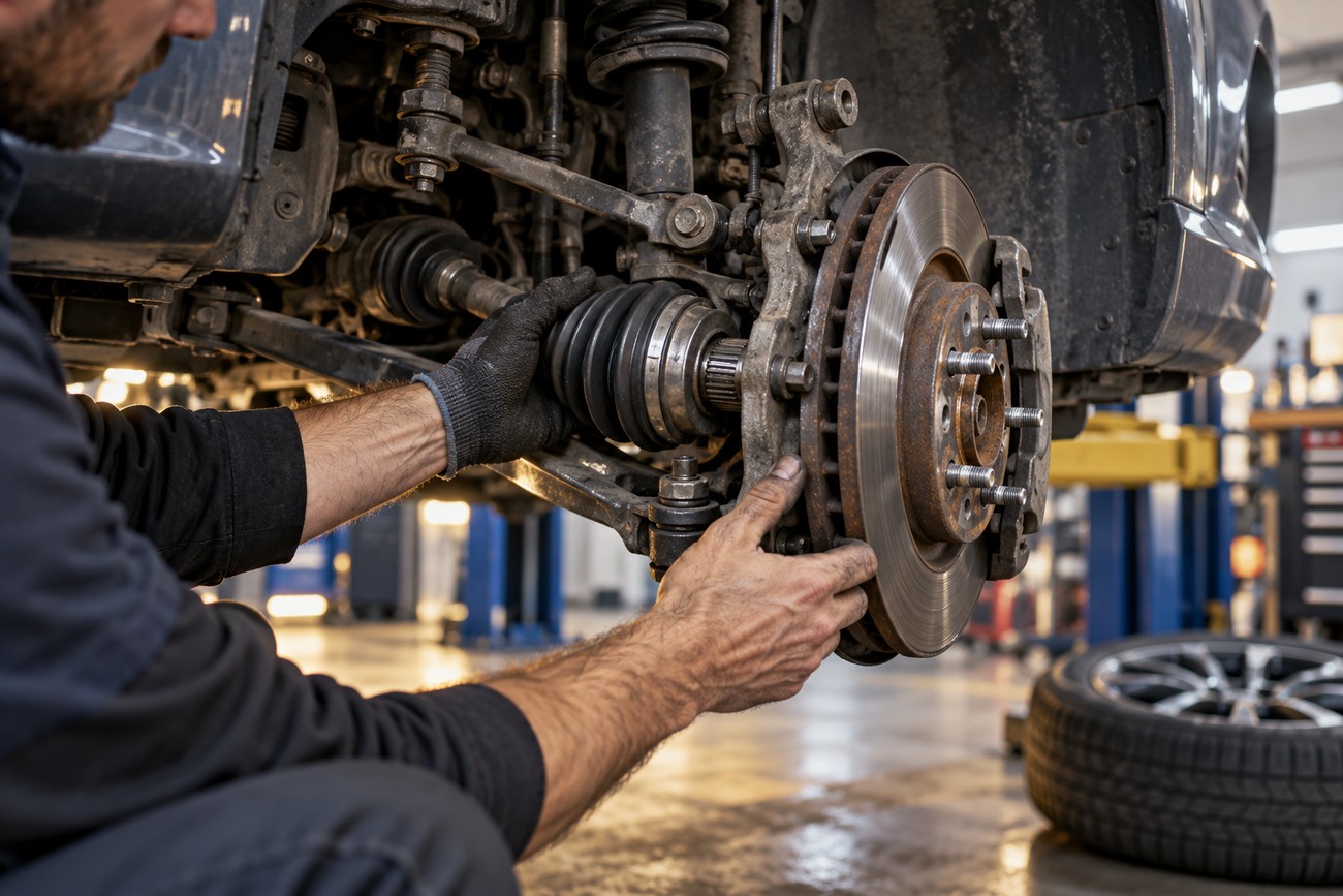 Mechanic in a workshop inspecting the suspension and brake rotor of a car lifted on a hydraulic hoist