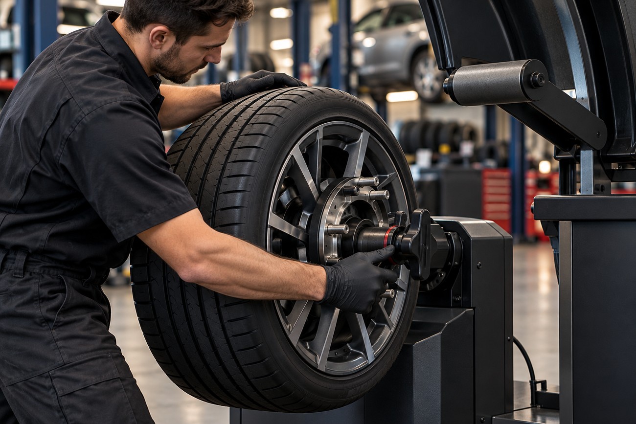 A mechanic wearing gloves mounts a car wheel onto a road force balancing machine in an auto shop