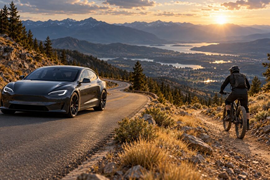 A dark Tesla Model S Plaid stands on an asphalt mountain road next to a mountain biker on a dirt path overlooking a scenic valley at sunset