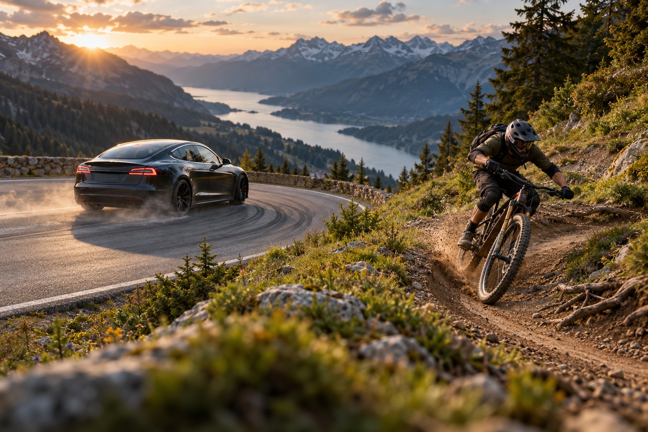 A dark Tesla Model S Plaid drifting on a scenic alpine mountain road while a mountain biker races down a parallel dirt trail during sunset